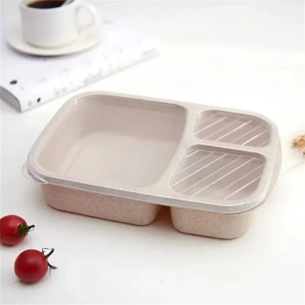 1/4er-Pack Bento-Lunchbox-Set, 3 Fächer, Aufbewahrungsbehälter für Lebensmittel, Weizenstroh, Lunchbox für die Zubereitung von Mahlzeiten, Aufbewahrungsbehälter für Lebensmittel aus Kunststoff