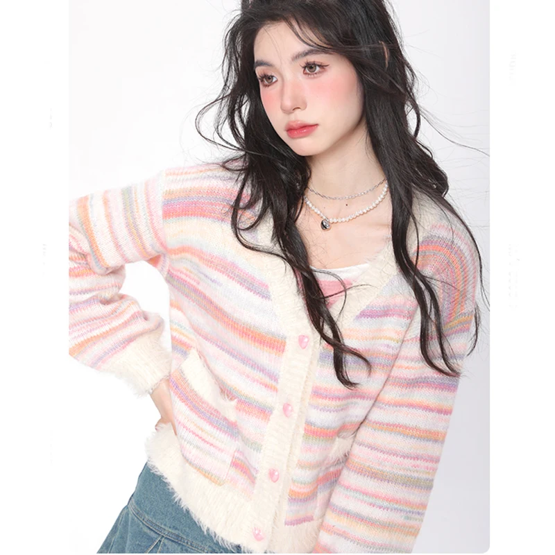 Sweet Lazy Wind Rainbow Cardigan Women Autumn V Neck Striped Knitted Coat Fashion Loose Long Sleeve Elegant Lady Sweaters