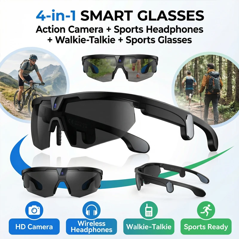 

AI Sports Smart Glasses With Camera Headphones Outdoor Riding Windproof Goggle Bluetooth Touch Control Translation Sunglasses