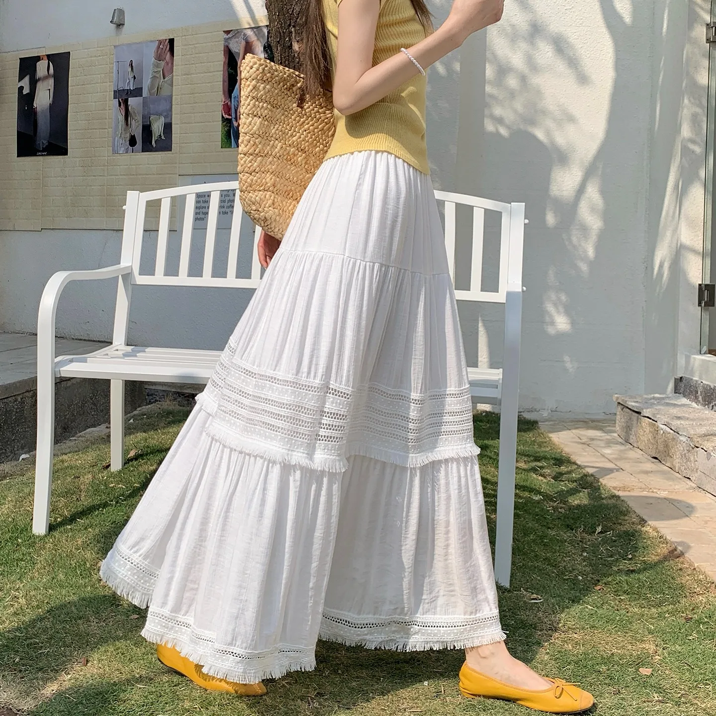 

Юбка миди А-силуэта с высокой талией, кружевной отделкой и бахромой, из смесового хлопка, женская летняя, в стиле «Лесная фея», с присборенным подолом, однотонная