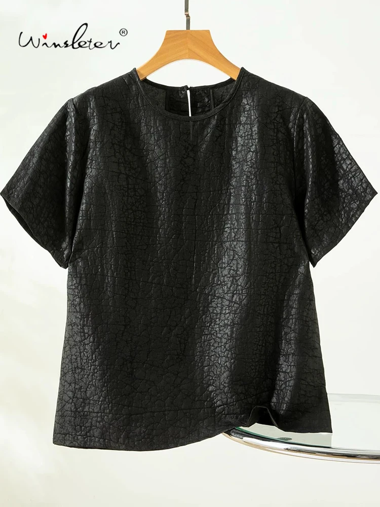 

Winsleter-100%Real Silk Watered Gauze Elegant T-Shirt, Short Sleeve Craquelure, Women Retro Loose Tops, 2026 Summer New T64334CC