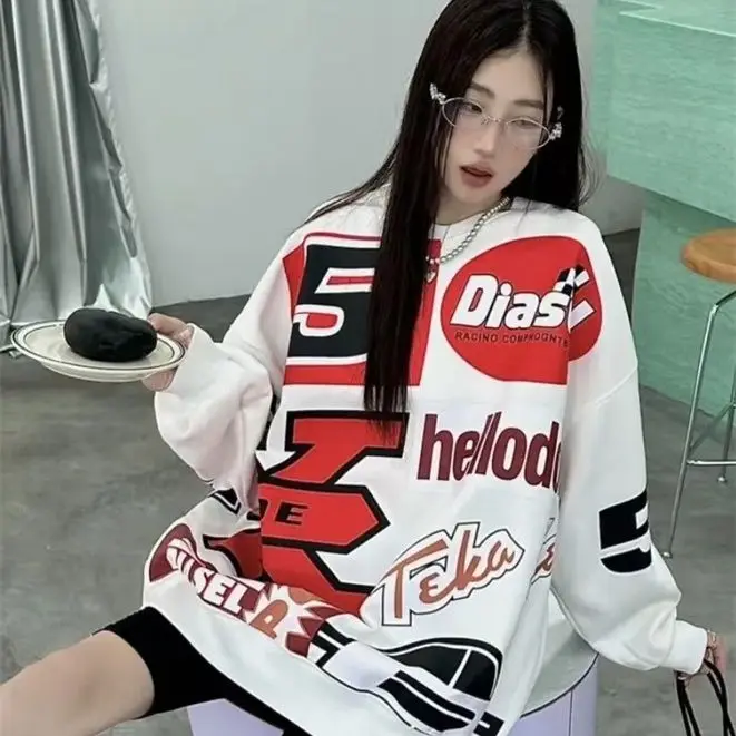 

2024 Autumn and Winter Trendy Heavy Industry American Printed Velvet Round Neck Loose Ins Sweater for Women Y2k Clothing Tops