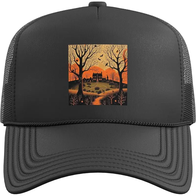 Halloween Vintage House Pumpkins Horror Spooky Bats Moon Trucker Hat with Adjustable Mesh Back