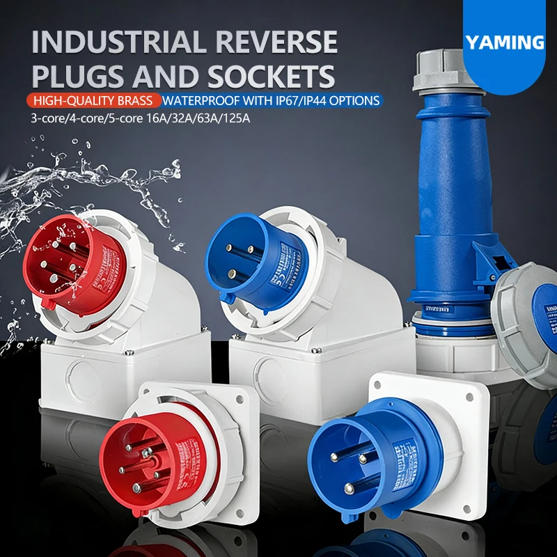 ปลั๊กอุตสาหกรรมแบบกันน้ำ IP67 ชนิดย้อนกลับ สำหรับงานอากาศยาน แบบสามเฟส 16/32A ขั้วต่อ 3 ขา 4 ขา 5 ขา แบบฝัง