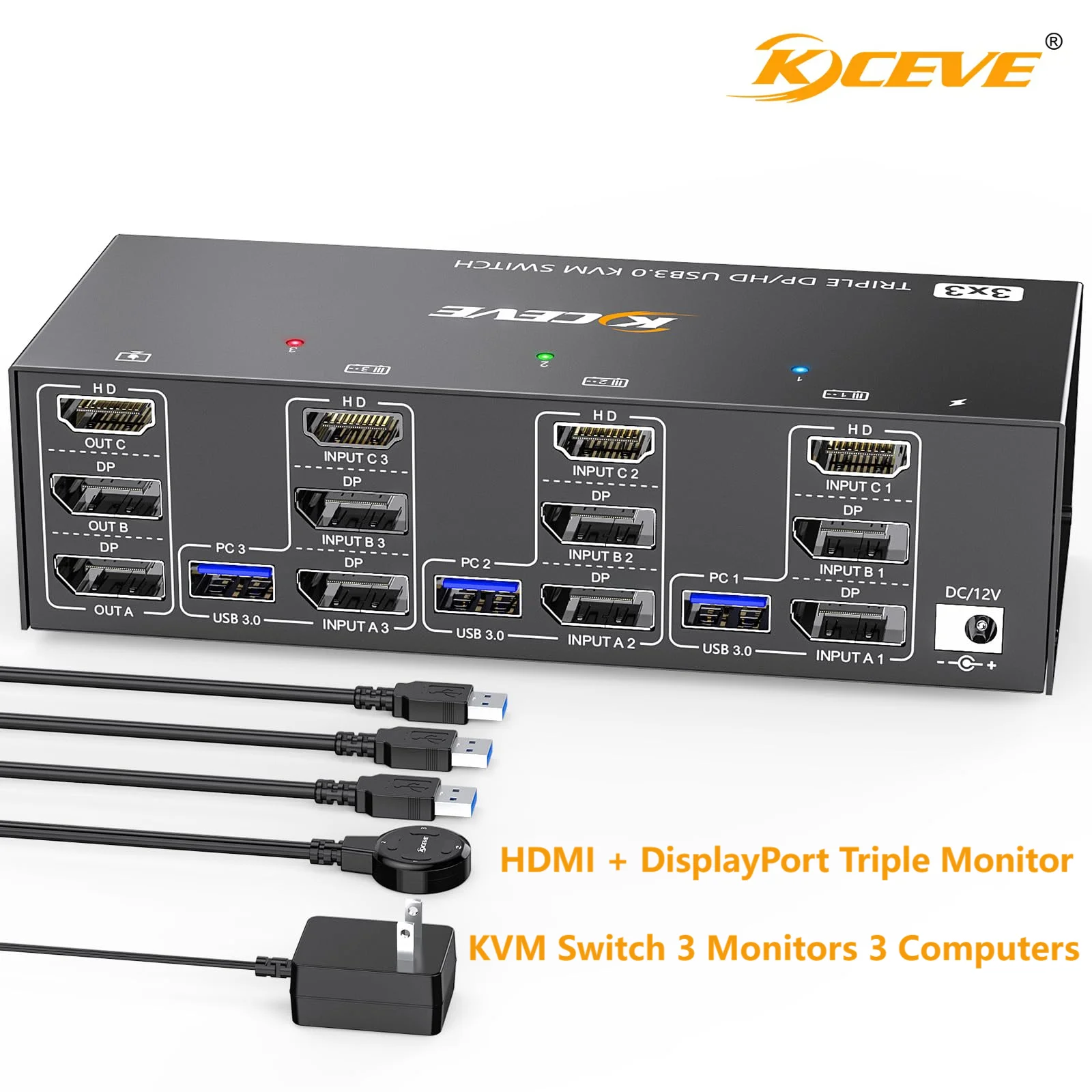 

Triple HDMI+Displayport KVM Switch 3 Monitors 3 Computers USB 3.0 KVM for 8K@60Hz 4K@144Hz With 4 USB 3.0 Keyboard Mouse Monitor