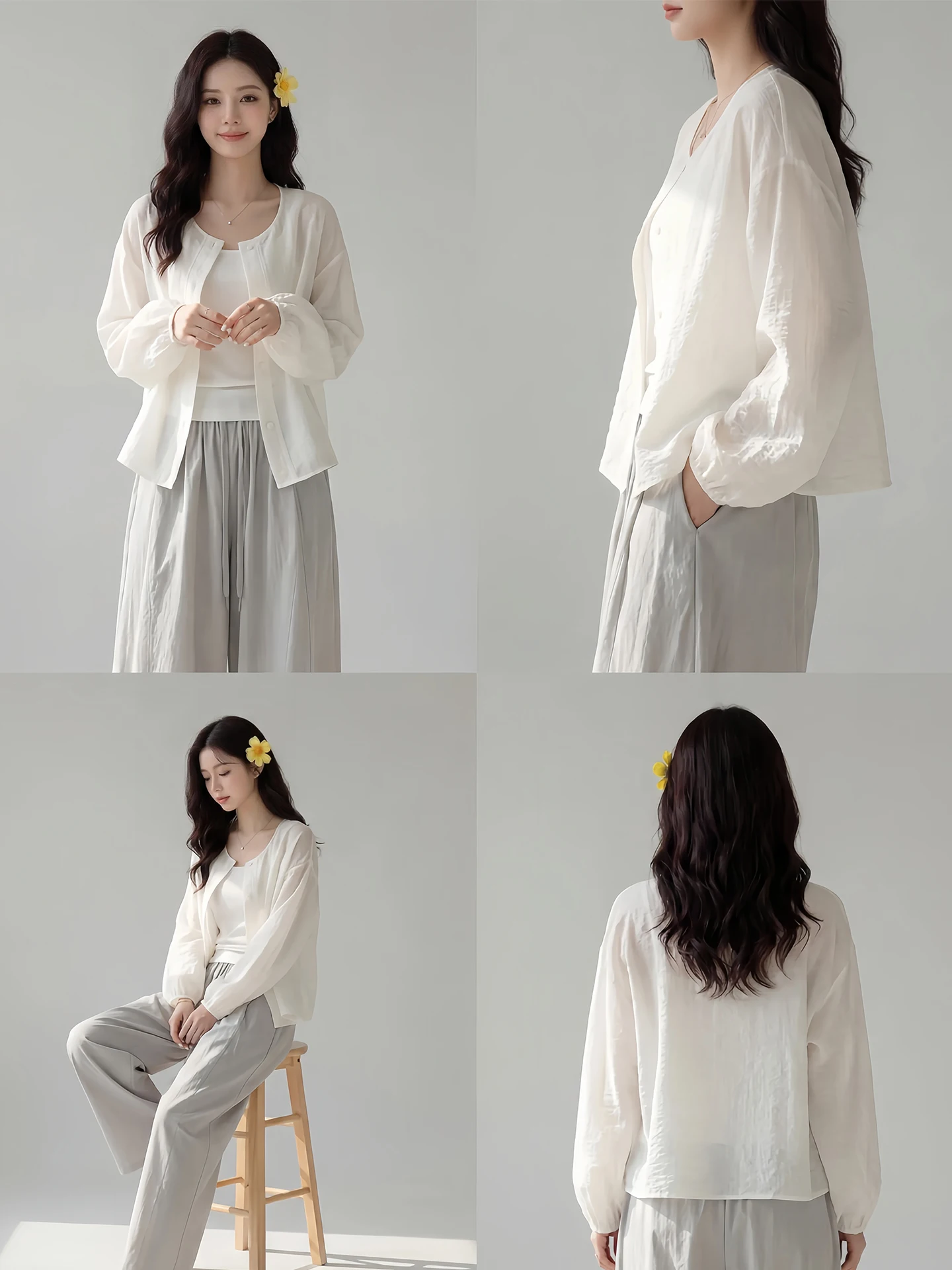 

French Style round Neck Cotton Linen Shirt Coat Women Summer Sunscreen Air Conditioner Top Thin Veil Sleeve Long Sleeve ...