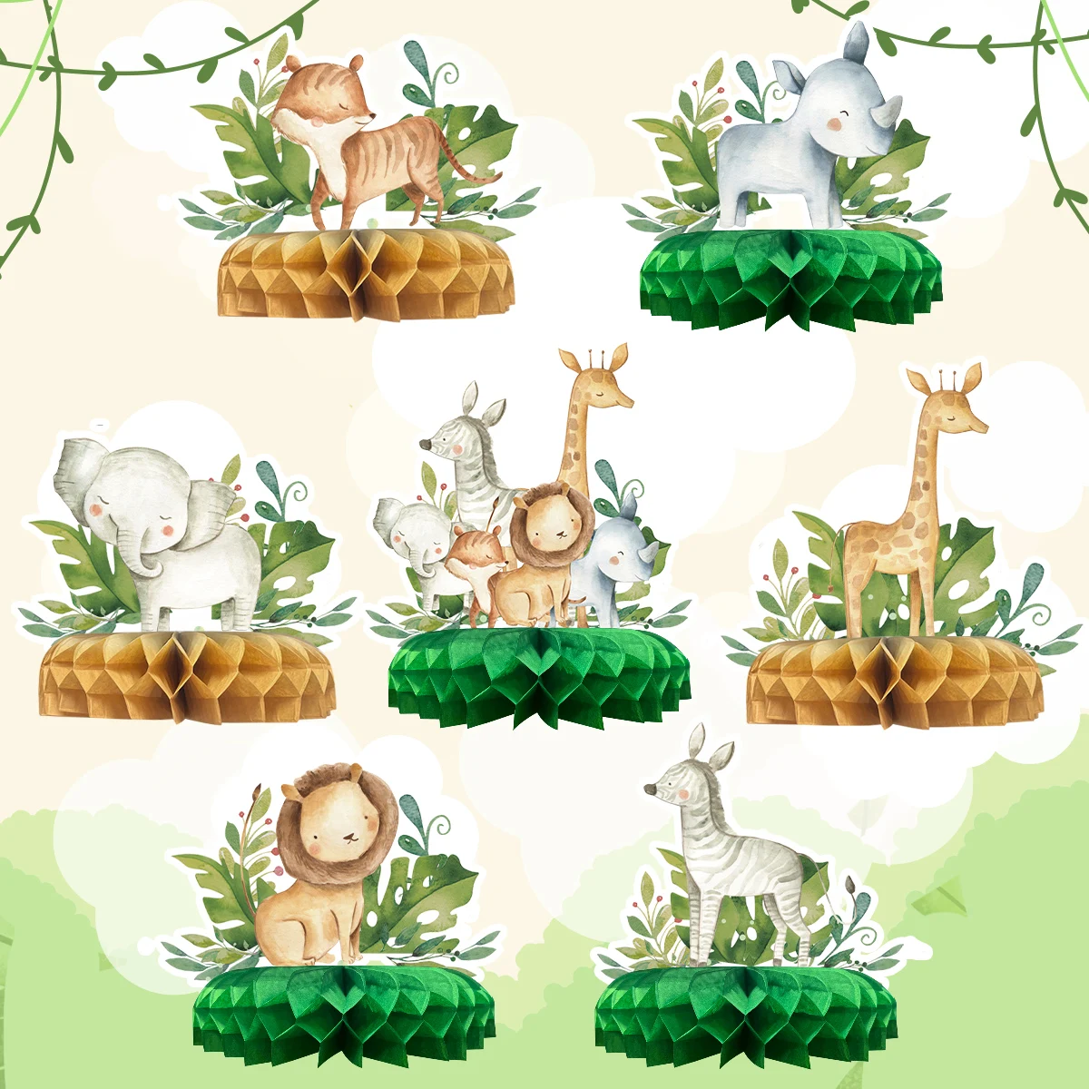 ديكور سطح المكتب على شكل قرص العسل لحيوانات الغابة سفاري ديكور حفلات أعياد الميلاد للأطفال البرية واحدة لوازم حفلات أعياد الميلاد الأولى استحمام الطفل