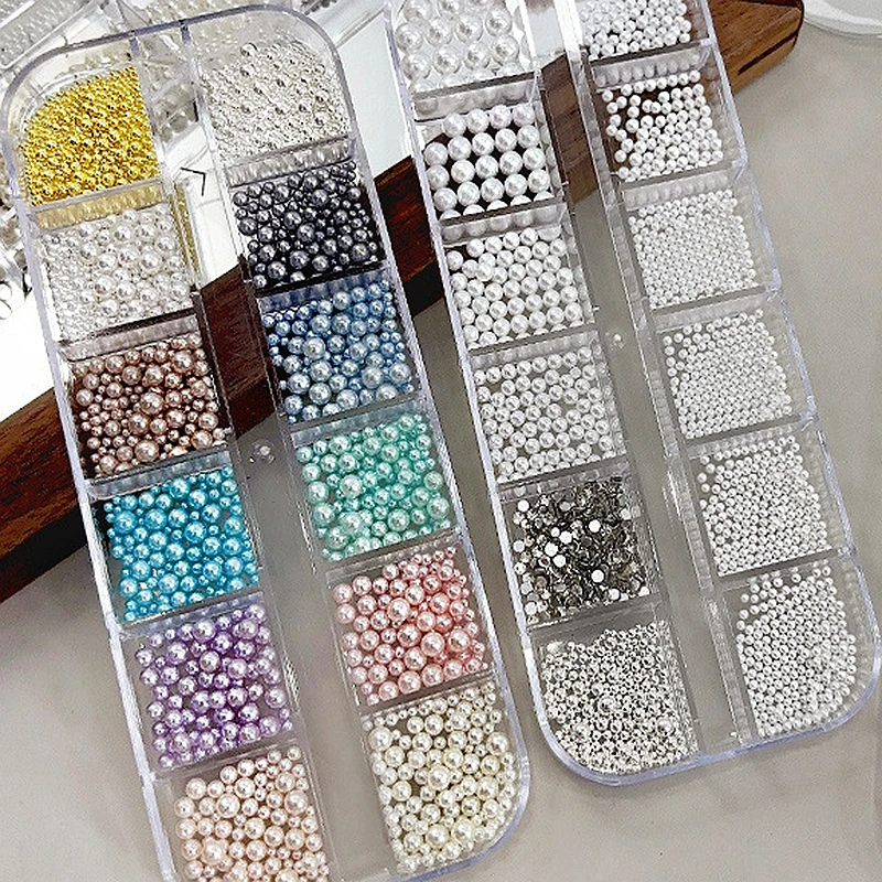 

12 Grids Shiny Mixed Size 3D Nail Art Pearl Beads Flatback Rhinestones Accessories For Manicure Nails Decorations Supplies Tool