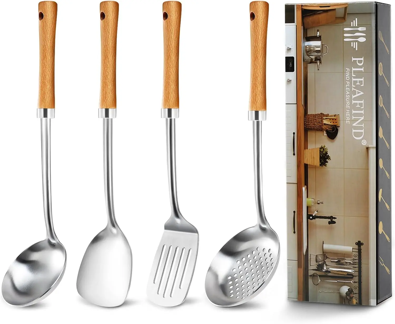 

4-Pcs Cooking Utensils Set, Stainless Steel Kitchen Utensils with Wooden Hanlde, Kitchen Essentials Set Include Wok Ladle, Slot