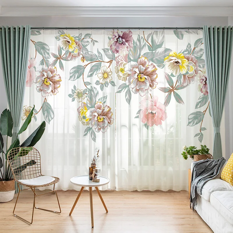 Nordic Ins Style Fresh Green Plants Flower Sunflowers Living Room Balcony Bedroom Windows Curtain Voile Curtain Hook Grommet Top