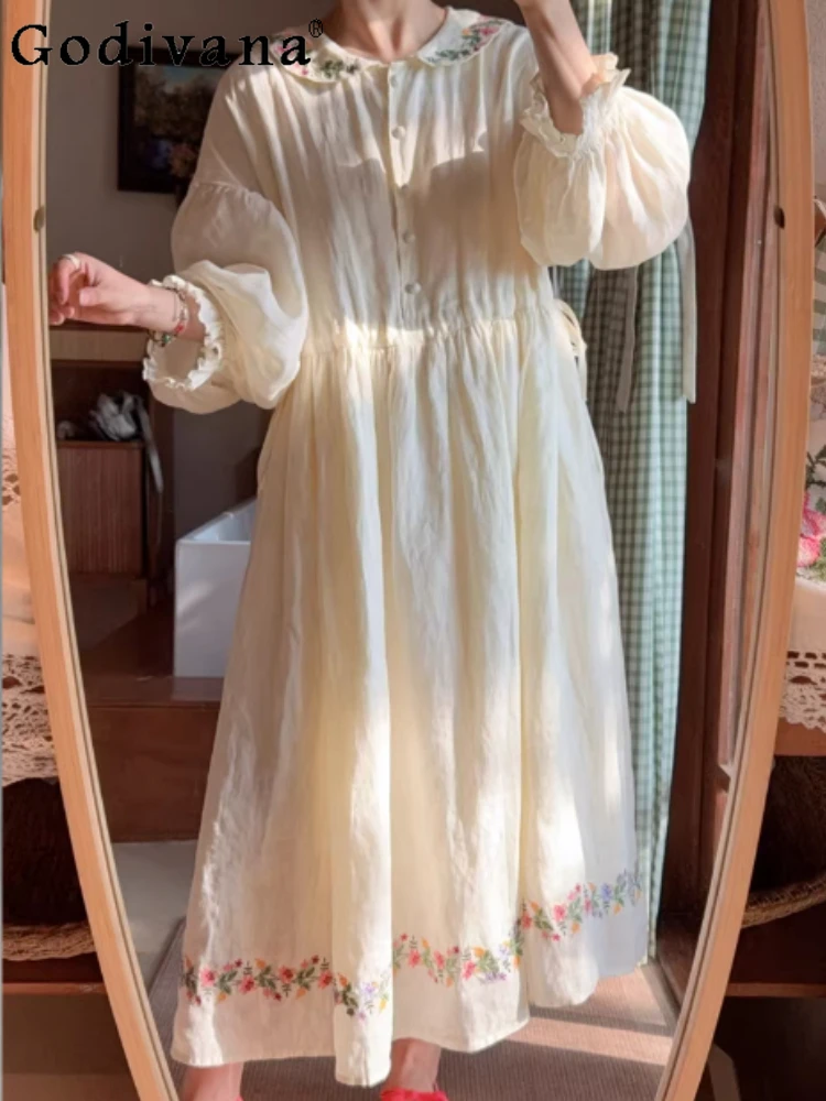 

Spring Summer New Peter Pan Collar Lantern Sleeve Embroidered Long Sleeve Dress Fashion High Waist Age-reducing Apricot Dresses