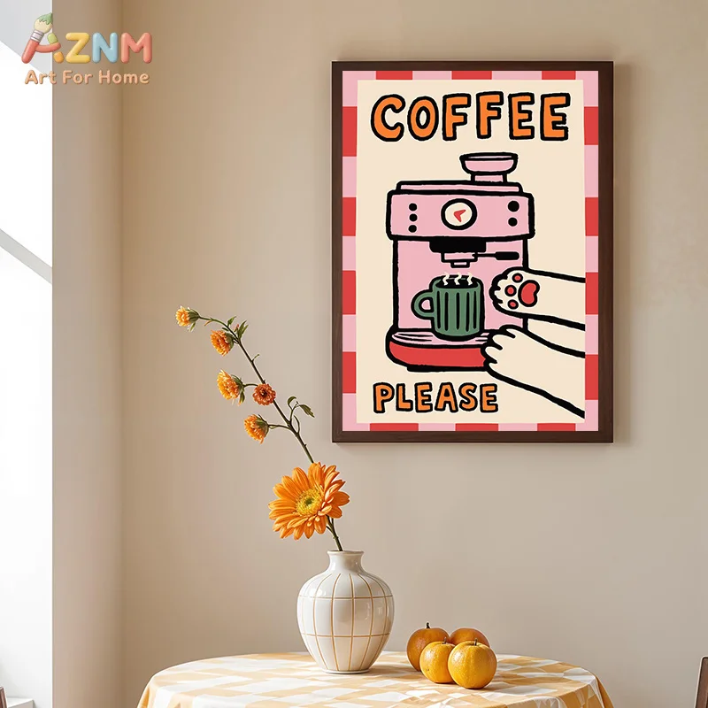 AZNM Retro Coffee Machine Canvas Wall Art Cute Cat Coffee Quote Print Trendy Cafe Kitchen Aesthetic Poster Unframed