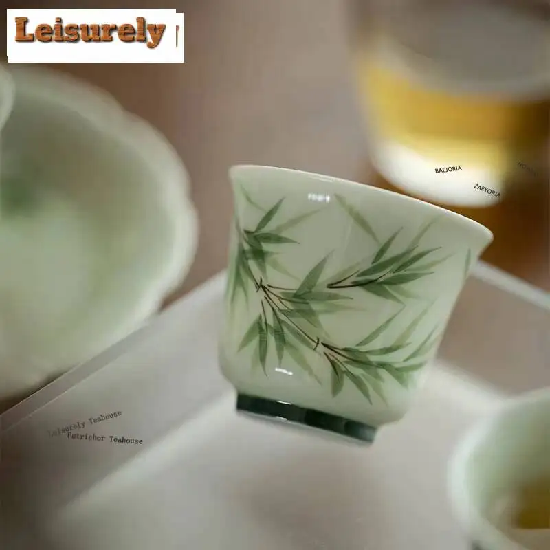 2pc/lot Hand-painted Green Bamboo Tea Cup Underglaze Colored Ceramic Master Cup Small Tasting Mug Tea-calix Tea Services 50ml
