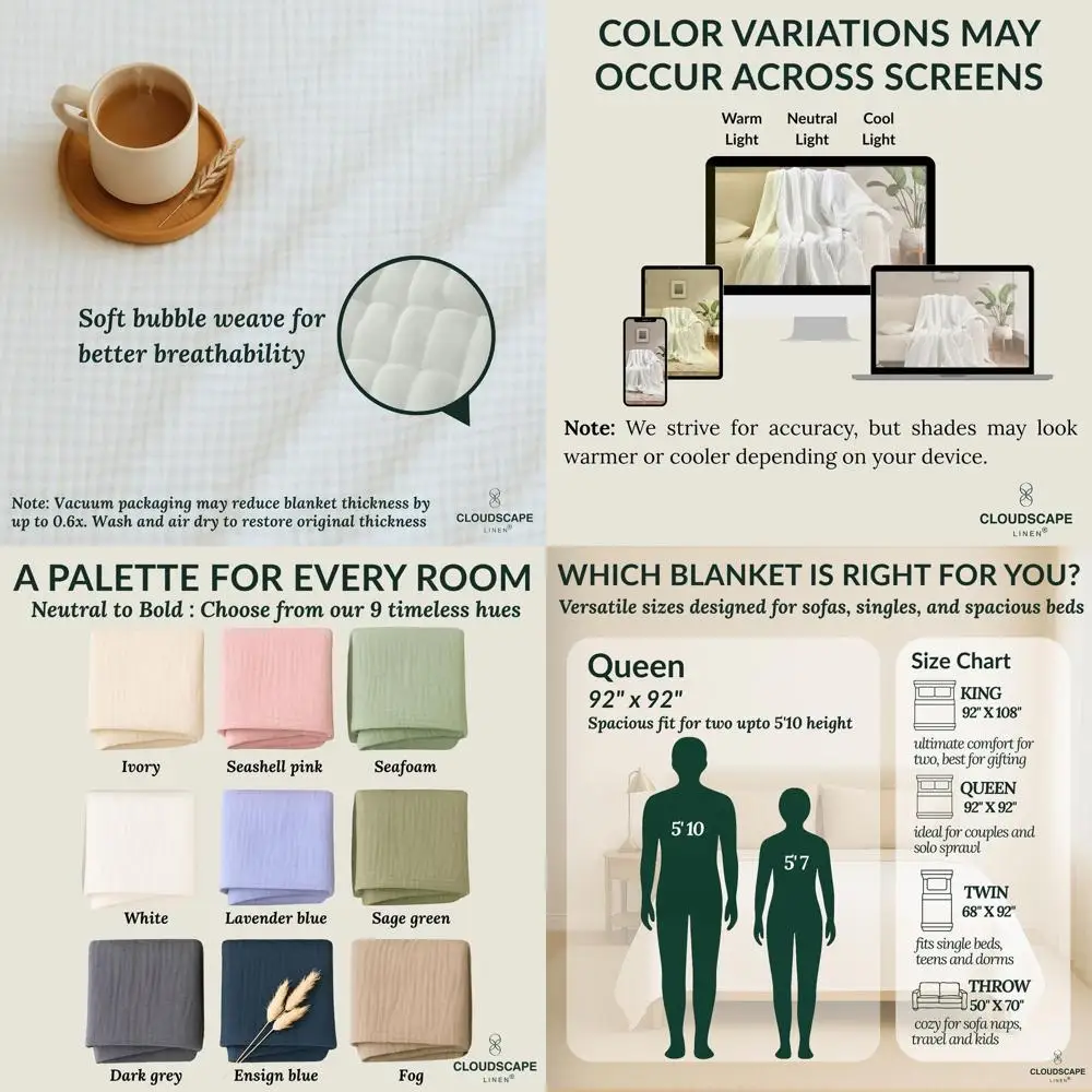 

Queen Size 100% Cotton Muslin Oversized Blanket, 4-Layer, 90x90, Suitable for Full Beds, Soft Gauze Quilt, All-Season White Bedd