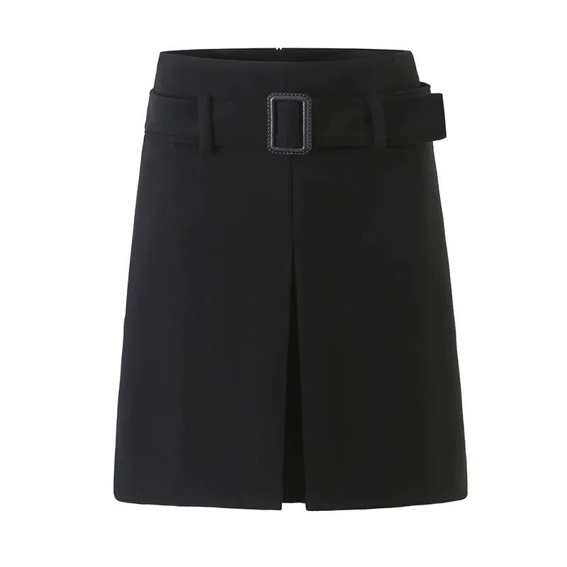 YENKYE Women High Waist A‑Line Knee Length Skirt Belt With Square Buckle Front Slit Office Commuter Autumn Winter Skirts
