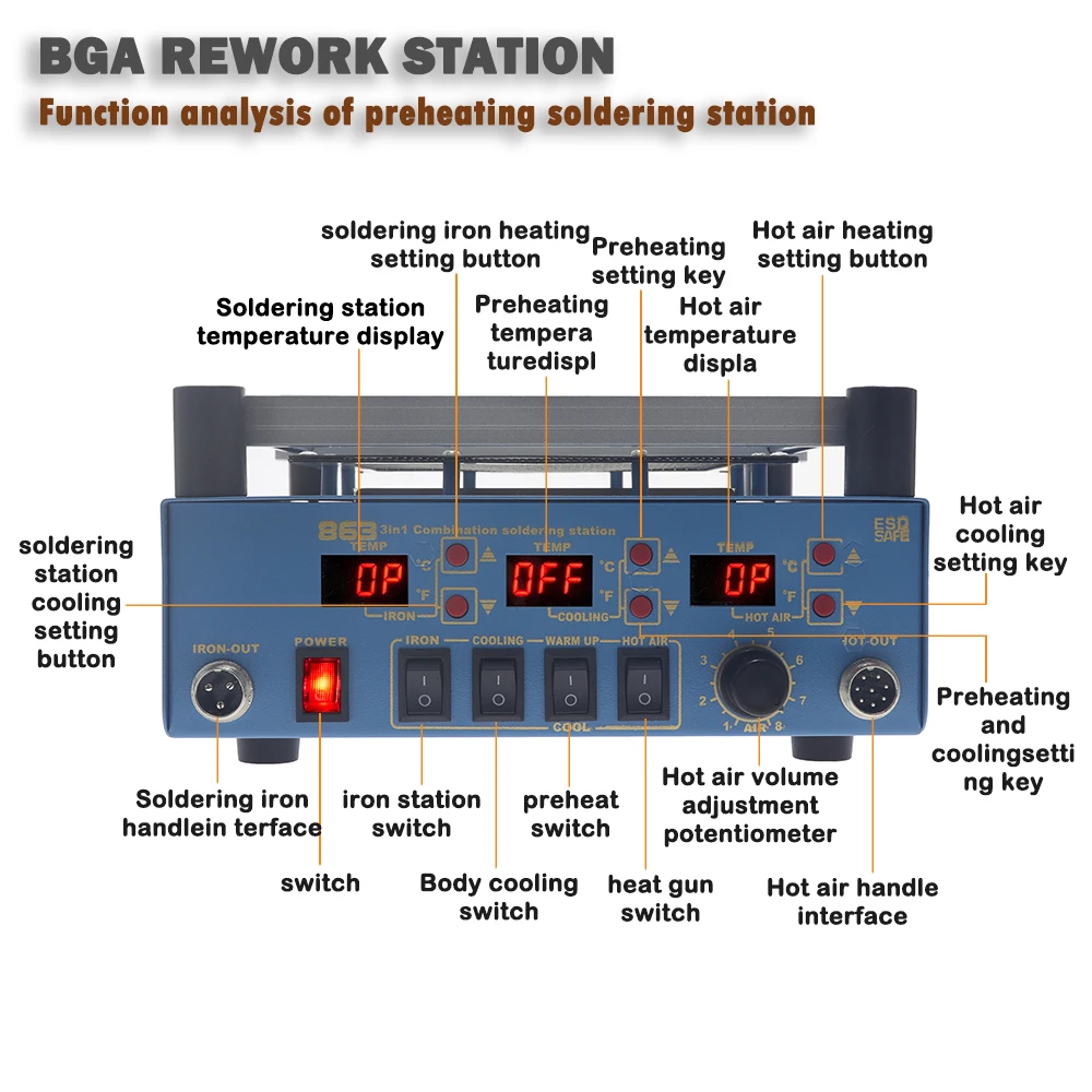 Imagem -05 - Estação de Pré-aquecimento Pcb Pré-aquecedor Estação de Solda Estação de Retrabalho Bga Ferro de Solda Pistola de ar Quente Estação de Solda Ferramenta de Reparo 110v 220v Visor Digital Ajustável Estações de Solda 863