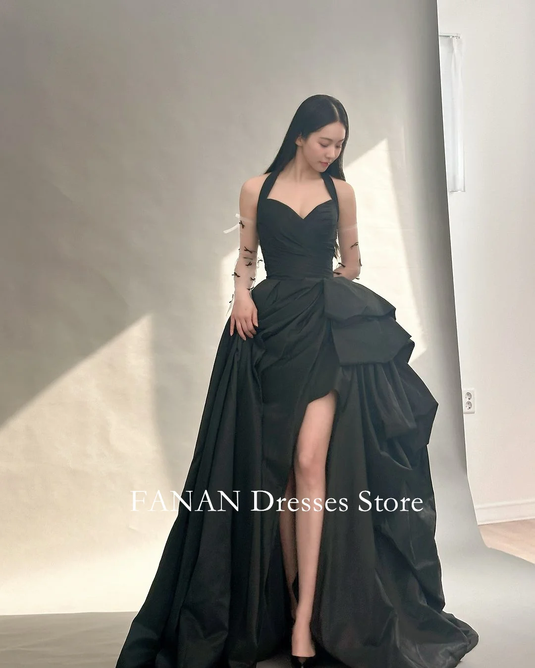 FANAN SWEETHEART A-Line Sleeveless Taffeta Evening Party Dresses Korea Elegant Black Wedding Women Formal Gowns Event Prom Gowns