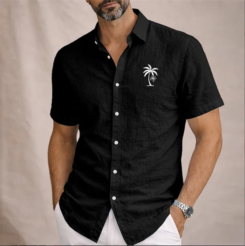 New 3D blue checkered patchwork men's short sleeved shirt linen casual vacation style lapel shirt clothing