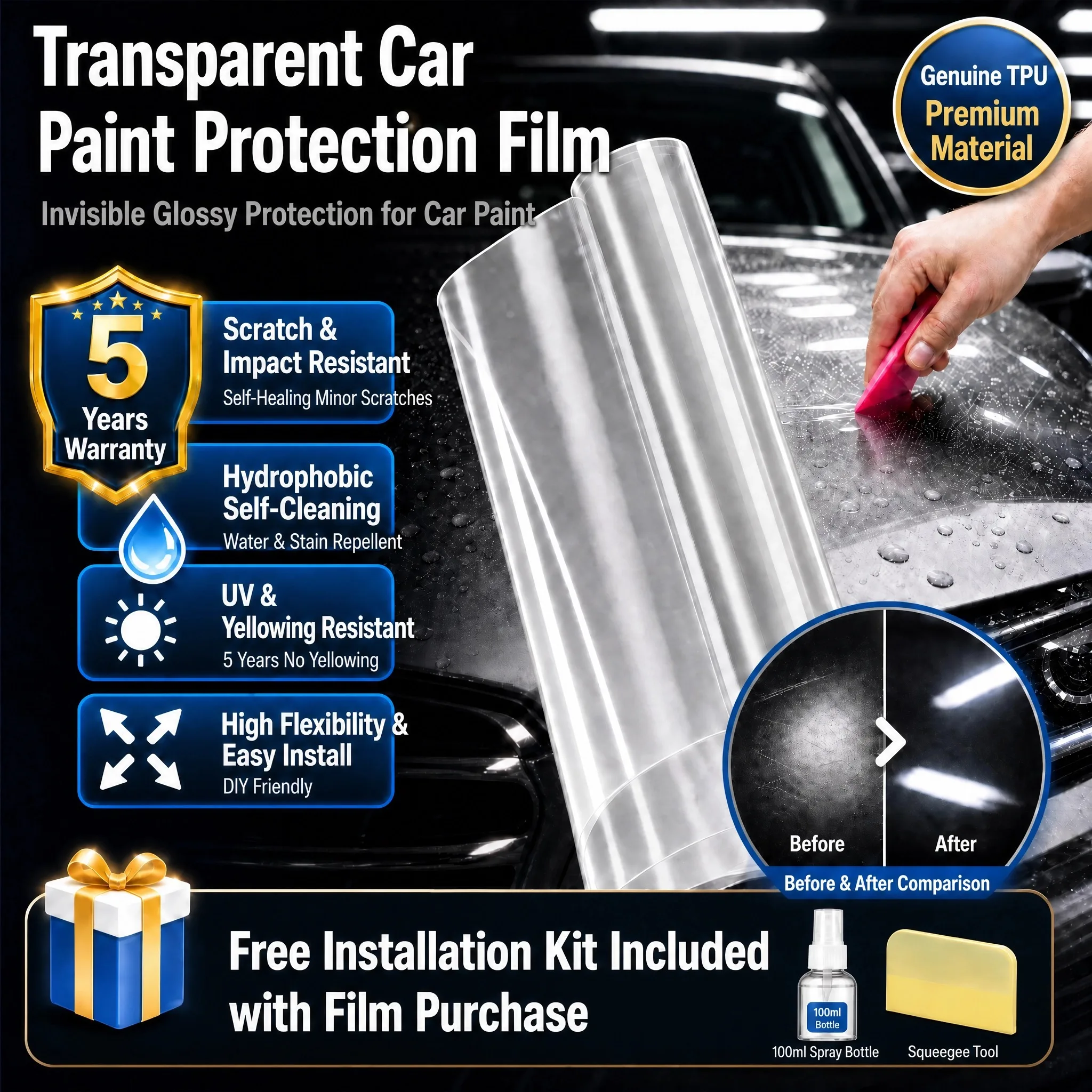 7.5mil Car Transparent TPU Protective Film Clear TPU Covering Anti-Scratch Films Premium PPF Car Protective Film TPU Waterproof