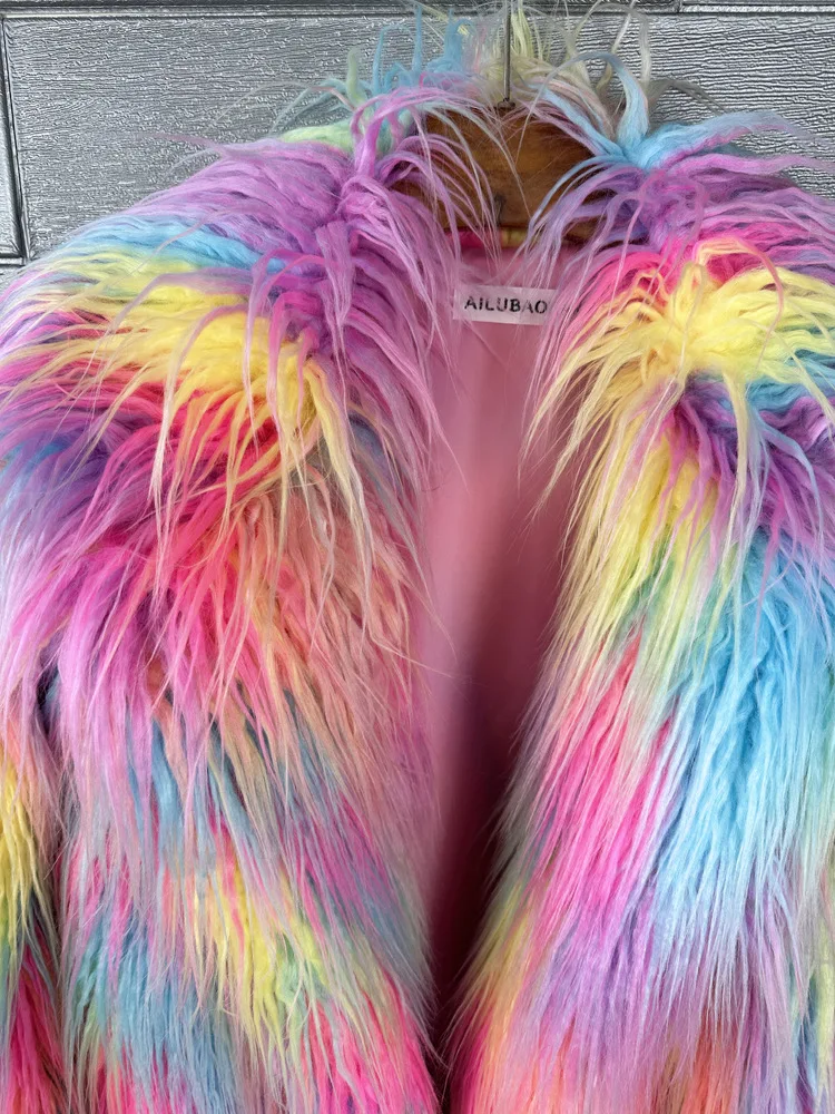 DEAT 2026 Winter New Items Imitation Colorful Long Coat For Women Faux Fur Suit Collar Long Sleeve Trench Jacket Female 11A05577