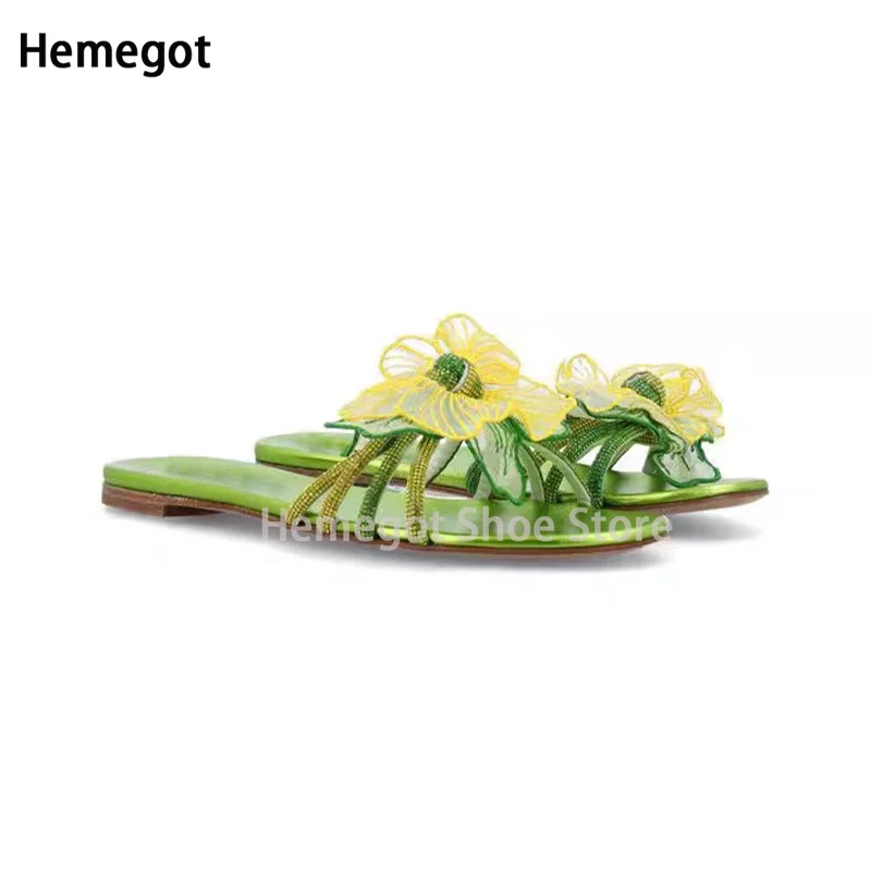 

Green Flower Flat Heel Sandals Women Elegant Wedding Apricot Flower Decoration Cute Slippers Women Summer Dress Casual Shoes