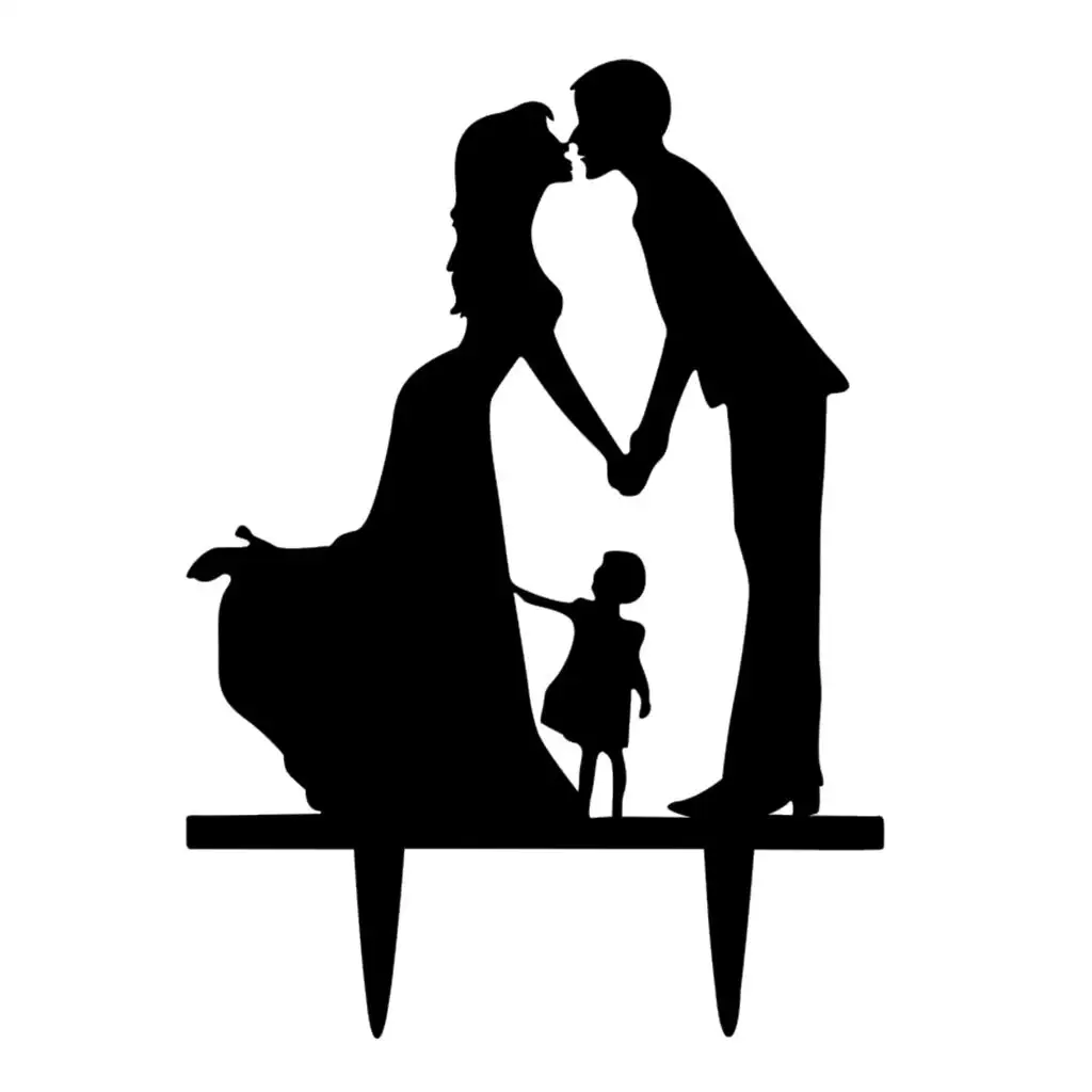 2xRomantic Bride & Groom Silhouette with Kid Acrylic Wedding Cake Topper