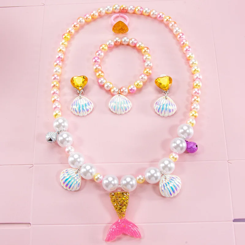 Girls Mermaid Shell Pearl Necklace Jewelry Pearl Necklace Bracelet Ring Ear Clips Shell Fish Tail Mermaid Pendant Jewelry Set view 3