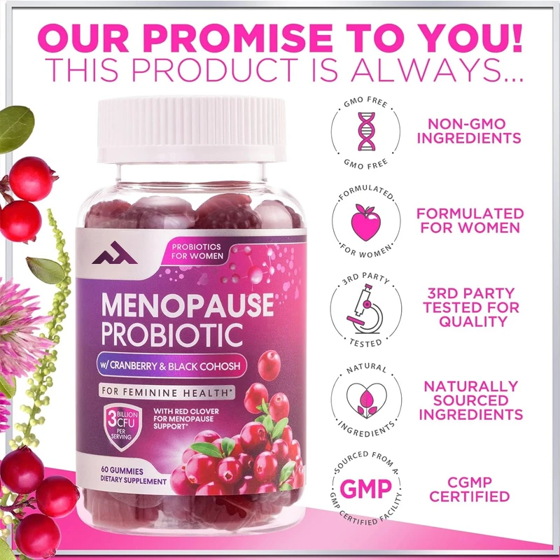 Menopausal Probiotics Containing Cranberry Gummies, 3 Billion Colony Units, Night Sweats, Immune Support -60 Gummies