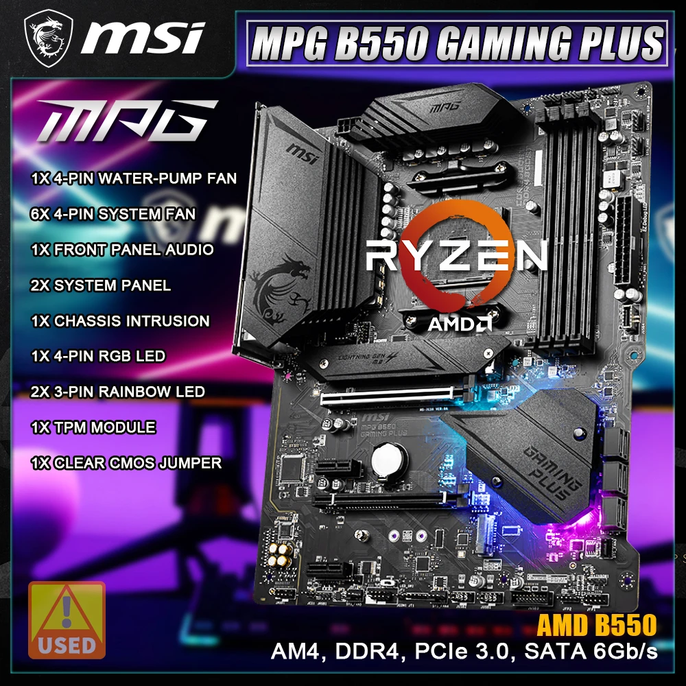 MSI MPG B550 GAMING PLUS Gaming Motherboard Support AMD AM4  Ryzen 7 5800x 5700x 5700x3d PRO 4750G CPU  DDR4, PCIe 4.0,ATX.