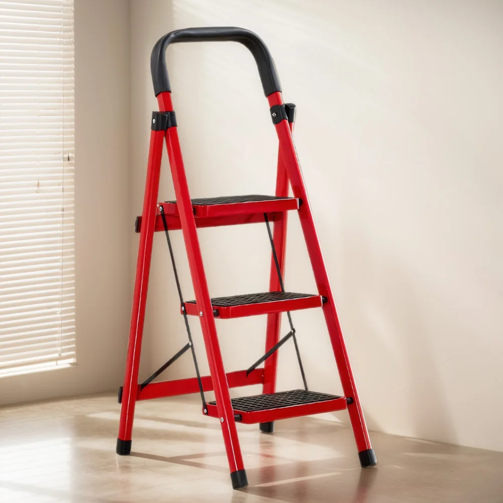 3 Step Folding Ladder Sturdy Steel Ladder 330LBS Capacity Wide Platform Steps Lightweight for Household Kitchen Office