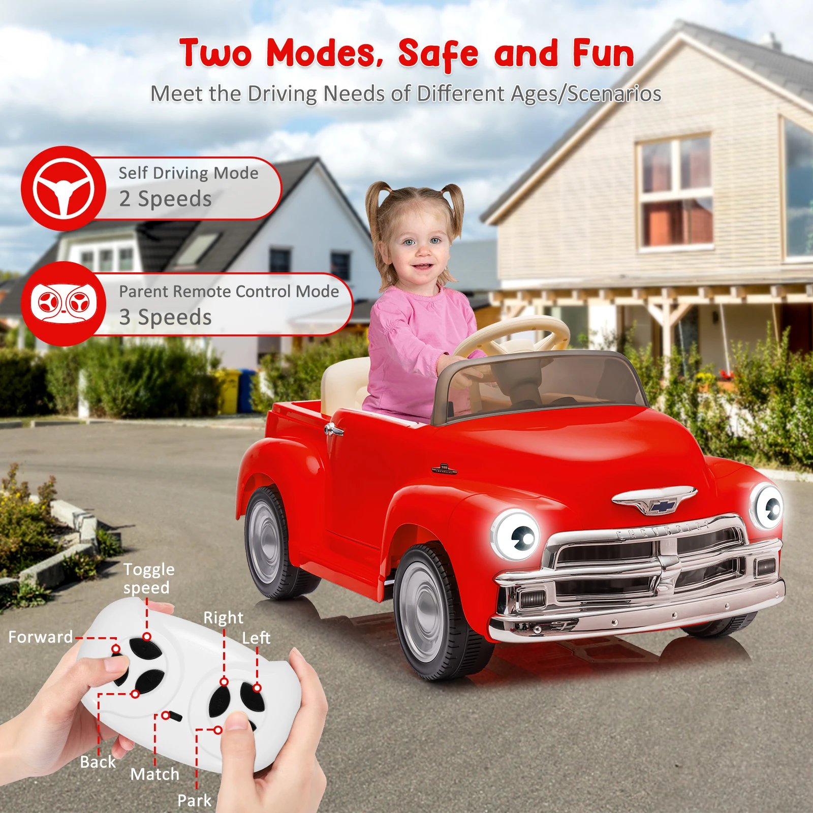 Coche de juguete de 12 V para niños de 3 a 6 años, coches eléctricos con control remoto para padres, 2 velocidades, faros delanteros y orejas, reproductor de música
