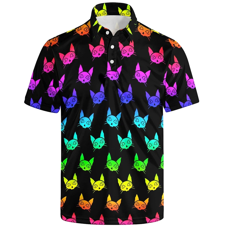 3d Printed Cat Dinosaur Polo Shirt Men Summer Animal Chicken Pattern Short Sleeves Loose T Shirts Tops Casual Button Lapel Tees