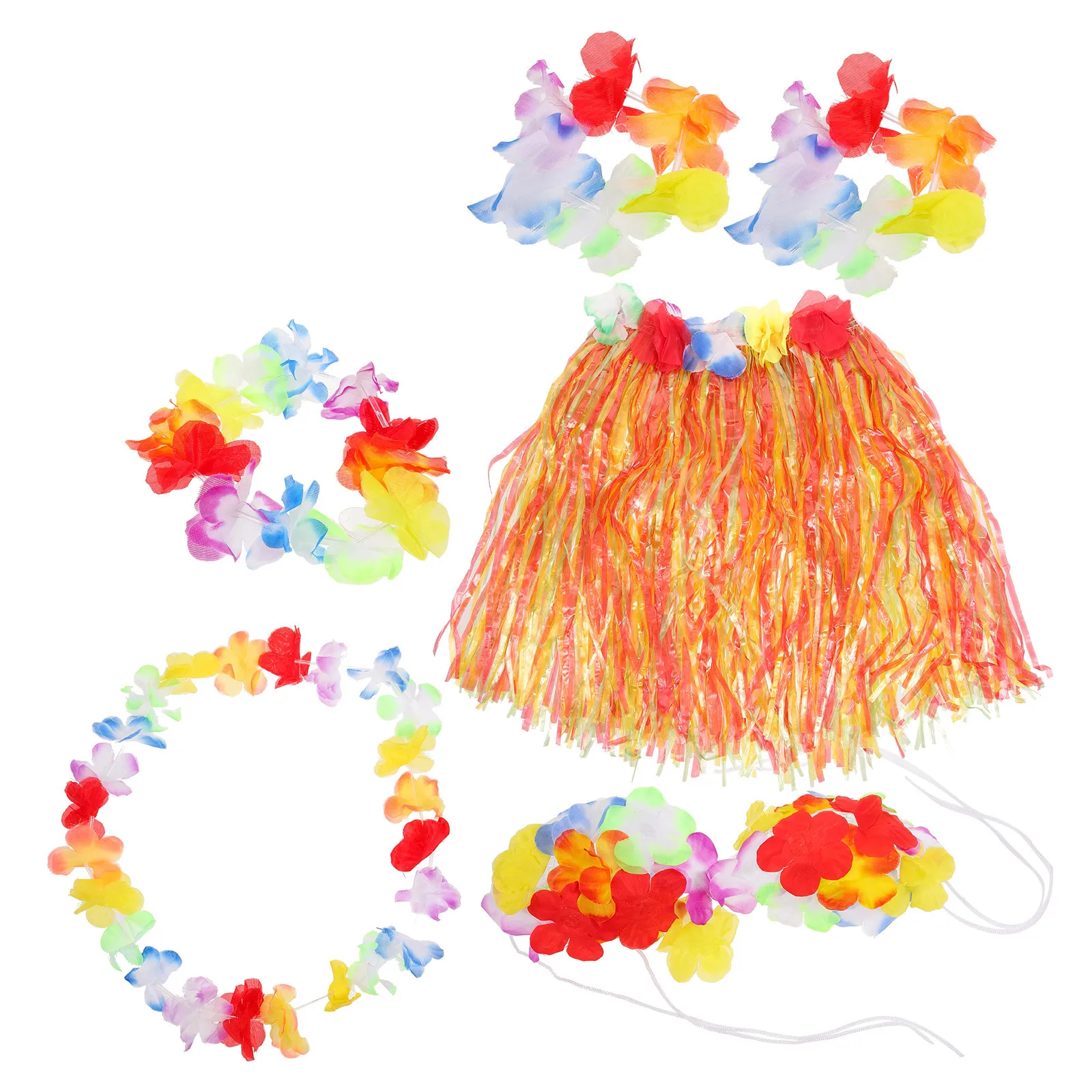 

6Pcs Kids Hula Dance Skirt Set Hawaii Grass Skirt with Floral Accessories Colorful 40Cm Tropical Party Favors Luau Outfit
