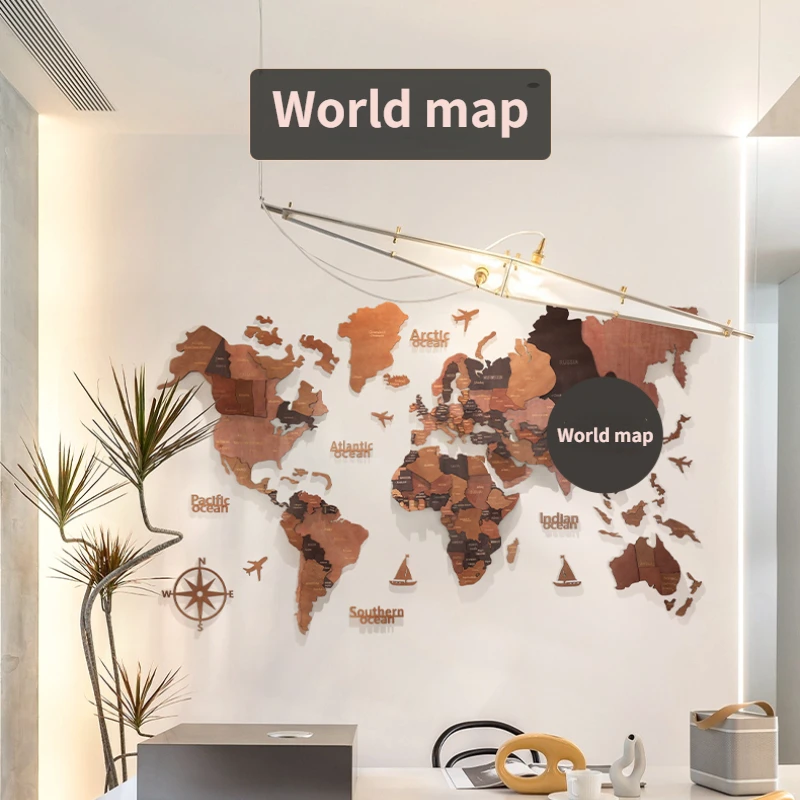 Nordic Decorative Painting Wood Splice 'World Map' 3D Stereo Mural Living Room Wall Decor Office Pendant تحف كبيره للمنزل