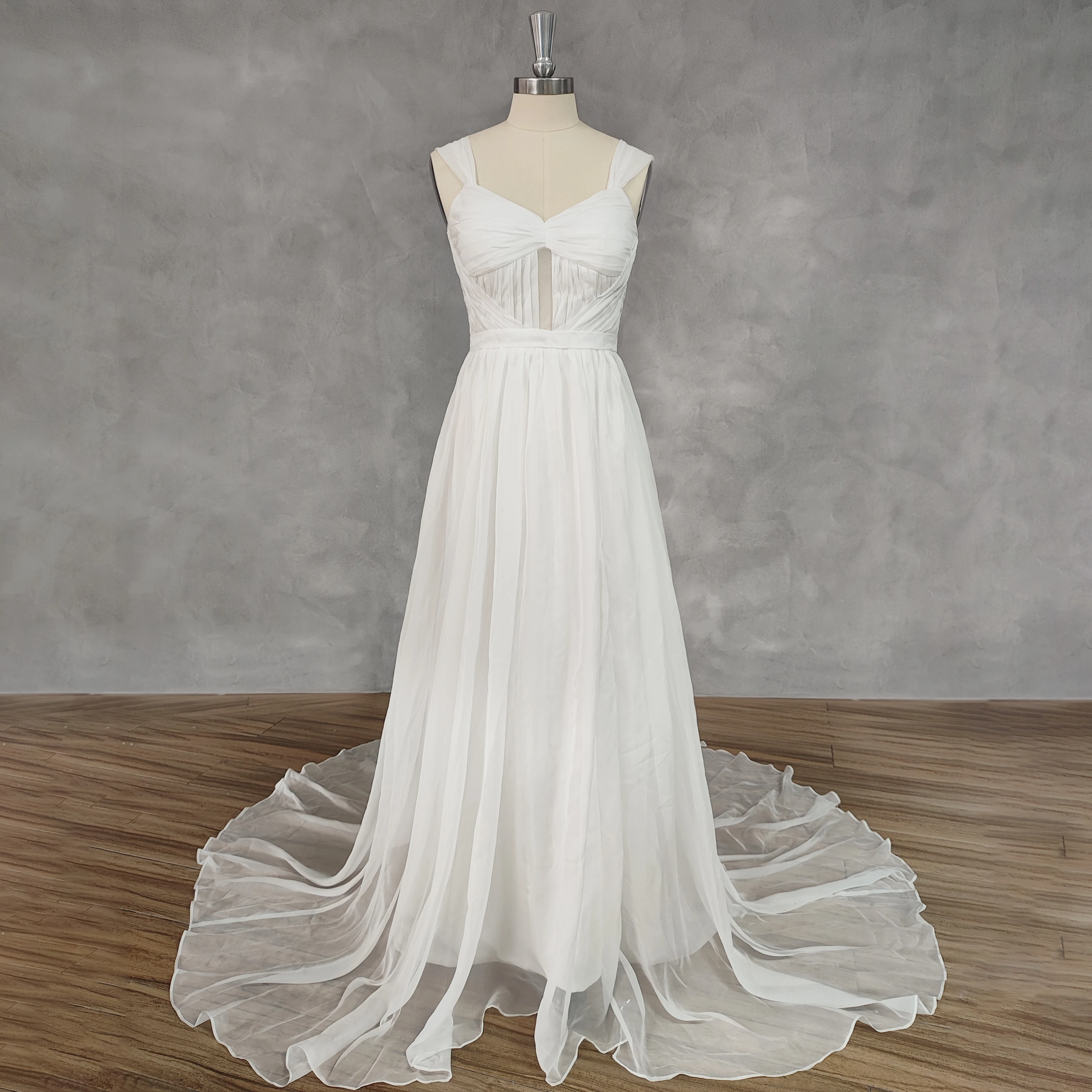 DIDEYTTAWL Real Picture V-Neck Pleats A-Line Cut Out Chiffon Wedding Dress Open Back Court Train Bridal Gown Custom Made