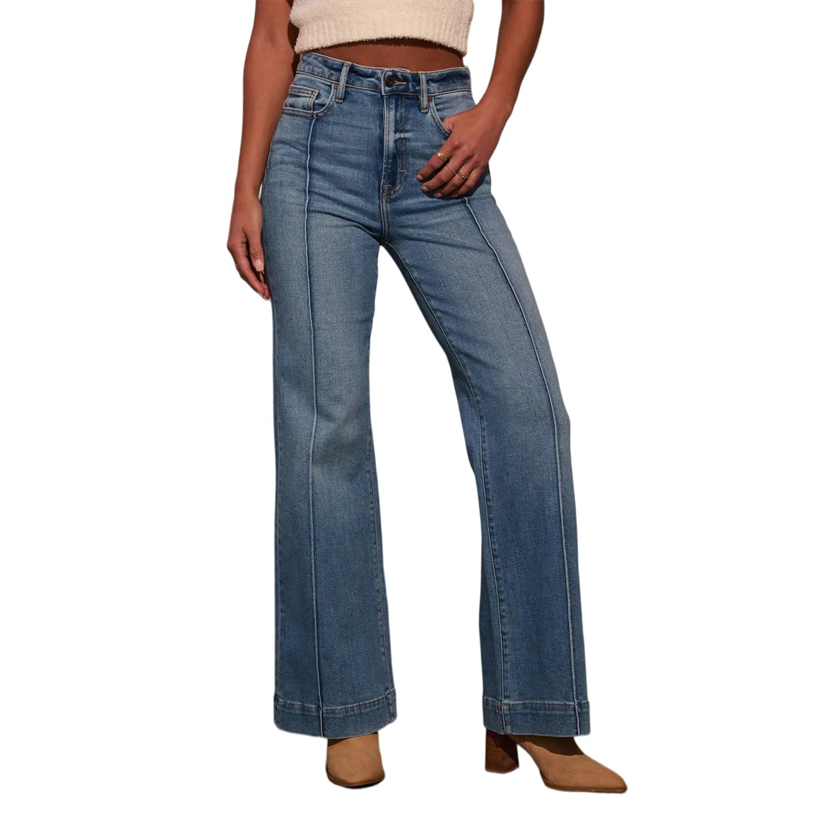 Autumn New Women'S High Waist Straight Jeans Slim Fit Wide Leg Version Stretch Denim Fabric Elegant Intellectual Jeans