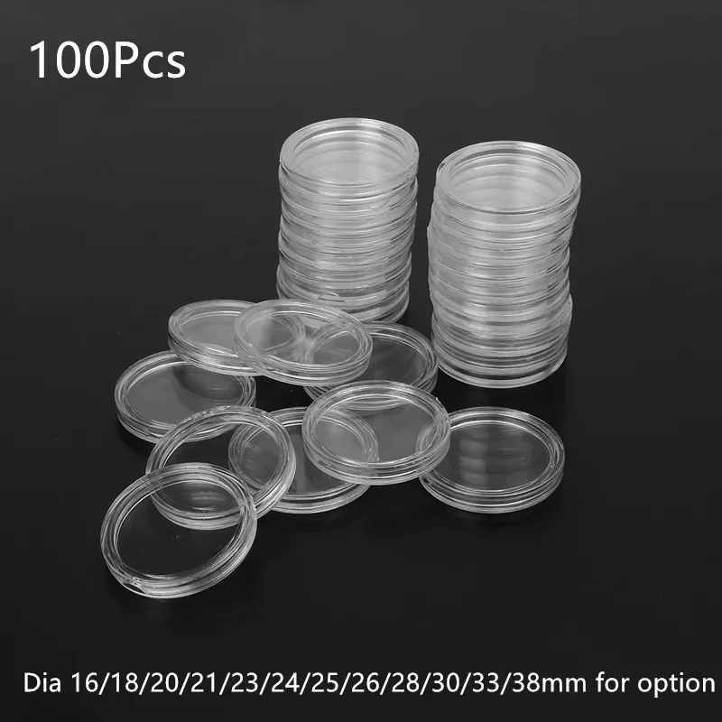 Capsules rondes transparentes en plastique, 100 pièces, 16/18/20/21/23/24/26/28/30/33/38mm, support de collecte de pièces de monnaie, conteneur de stockage