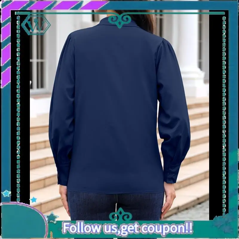 A09P Womens Long Sleeve Dressy Casual Button Down Collared Tops Elegant Pleated Front Work Blouse