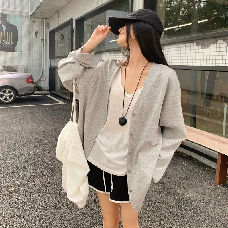 Basic V-Neck Loose Sweatshirts Female Clothing Solid Color 2024 Spring Autumn Long Sleeve Korean Commute Single-breasted Hoodies