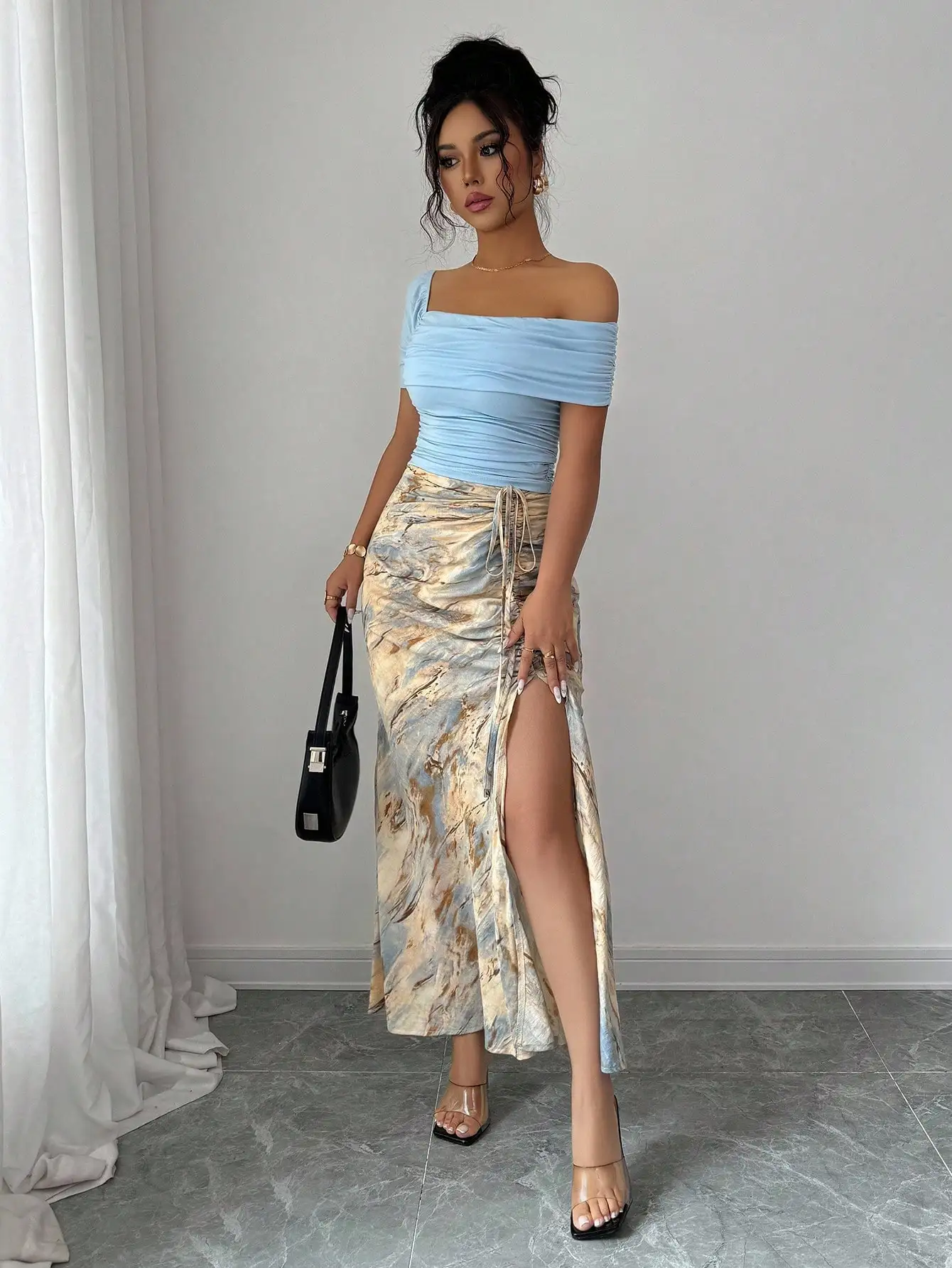 2-Piece Women's Set: Off-Shoulder Ruched Top & Marble Print Side Slit Skirt