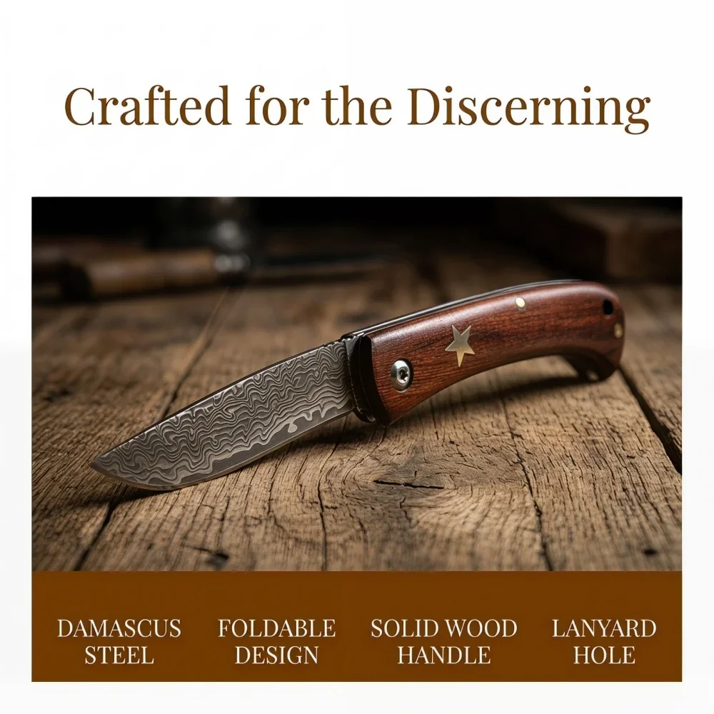 New Damascus Steel Blade, Red Sandalwood Handle, Folding Knife, Jungle Adventures, Camping, Portable Outdoor Pocket Knife, Gift