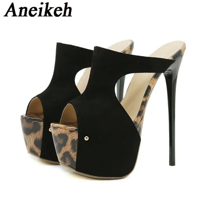 Aneikeh ฤดูร้อน Extreme Platform รองเท้าส้นสูงสีดําเสือดาวพิมพ์ Rivet รองเท้าแตะสุภาพสตรีเซ็กซี่ Slingback รองเท้าแตะสไลด์รองเท้า