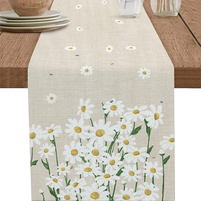 1PCS White Daisy Table Runner Rustic Cotton Linen Daisy Table Flag Colorful Printed Table Cover Fresh Style Home Decoration