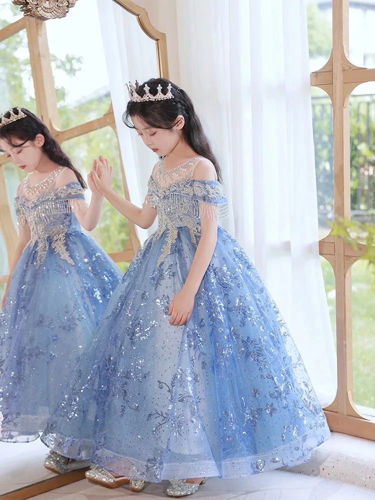 

Children's Day Girls' Dress Princess Dress Blue Piano Performance Dress Host Medium and Large Children's Fashion Show Birthday E