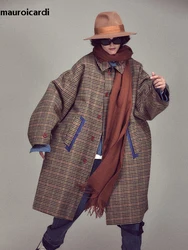 Mauroicardi Autumn Winter Oversized Warm Colorful Houndstooth Wool Blends Reversible Coat Men Luxury Designer Woolen Overcoat