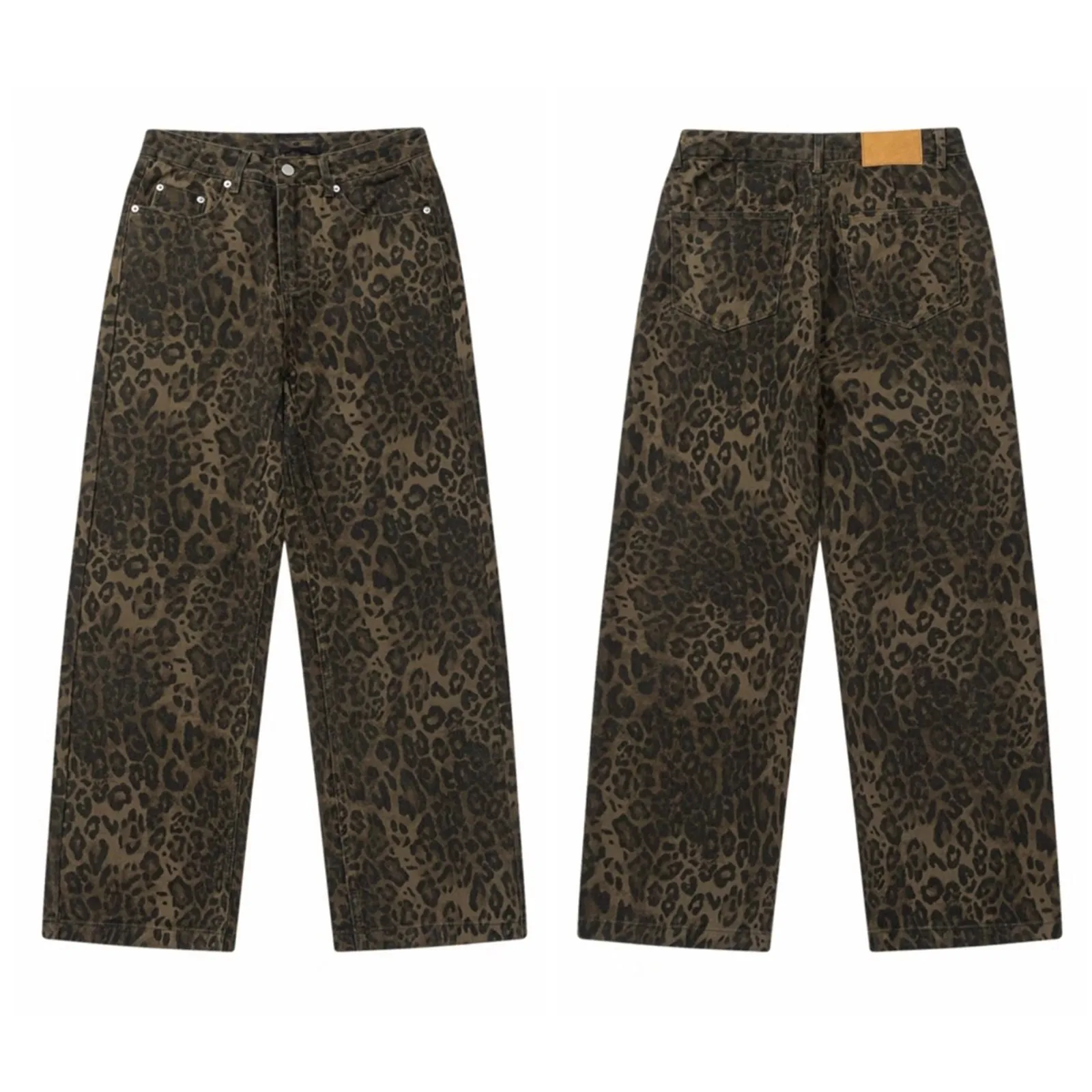 HOUZHOU-Jeans leopardo para menina, streetwear extragrande, calças de perna larga, streetwear hip hop, calças jeans casuais retas vintage