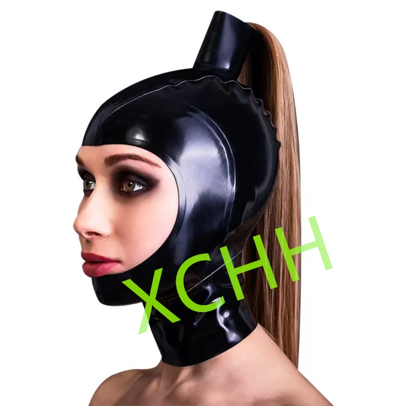 

Handmade Latex Hood Rubber Mask Black with Wig Back Zip Sexy Fetish Headgear Customize Halloween Cosplay Costume