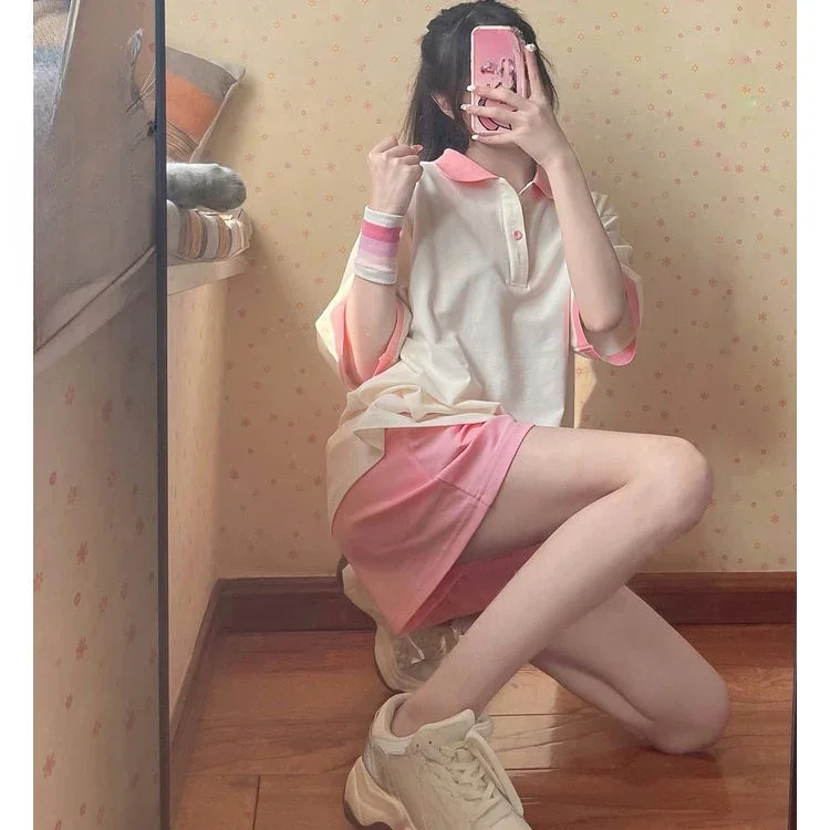 

summer Korean style fashionable loose short-sleeved pink shorts two-piece set female Academic style Casual sports suit for women