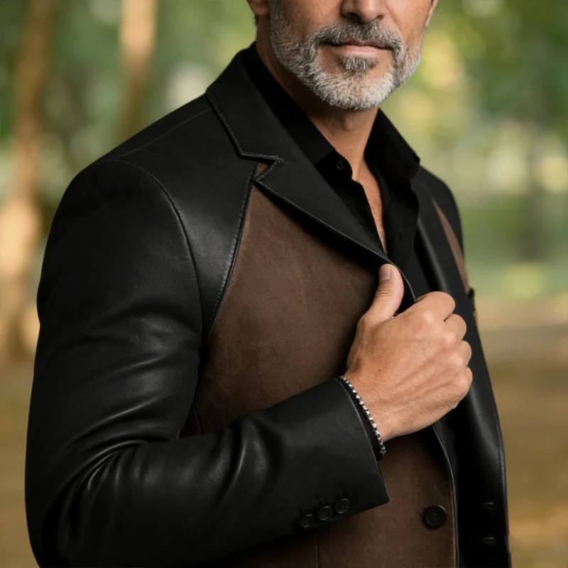 Retro Men's Faux Suede Jacket with PU Leather Collar & Shoulder 2 Buttons Two-Tone Blazer Contrast Trim Coat