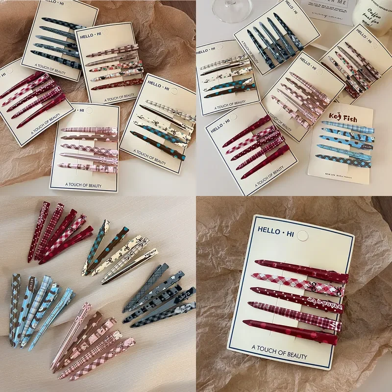 Cute Polka Dot Plaid Bow Hair Clip for Women Girls One Word Duck Bill Clamp Bangs Edge Fringe Hairpin Sweet Headdress
